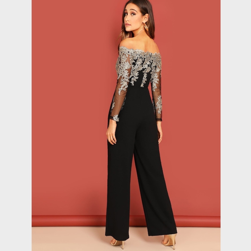 Gold Embroidery on Mesh Black Jumpsuit - Picture 2 of 9